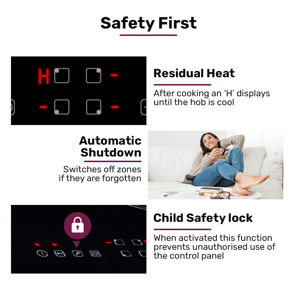 EuroChef 60cm 4 Zone Ceramic Cooktop, 6600W Electric, FlexiZone Adjustable Size Hobs, Touch Controls