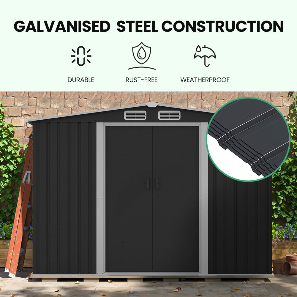 PlantCraft Galvanised Steel Garden Shed 2.58 x 3.13 x 2.02m, with 2 Sliding Doors, 4 Air Vents, Gable Roof, Floor Frame