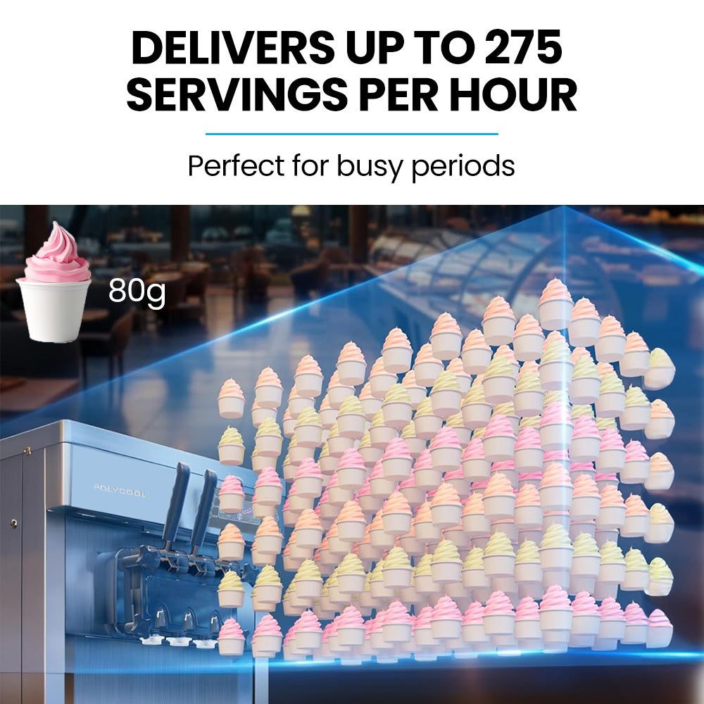 POLYCOOL Benchtop Soft Serve Ice Cream Machine, 3 Flavours, 2+Twist, Frozen Yoghurt, Acai Maker, Twin Cylinder, Counter Top Design, 15A Plug