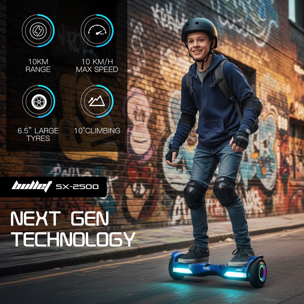 BULLET SX-2500 Hoverboard Scooter, 500W Brushless, UL Certified, AU Compliant, 6.5-inch Off-Road Style Tyres, Superior Self Balancing System, LED Lights, Blue