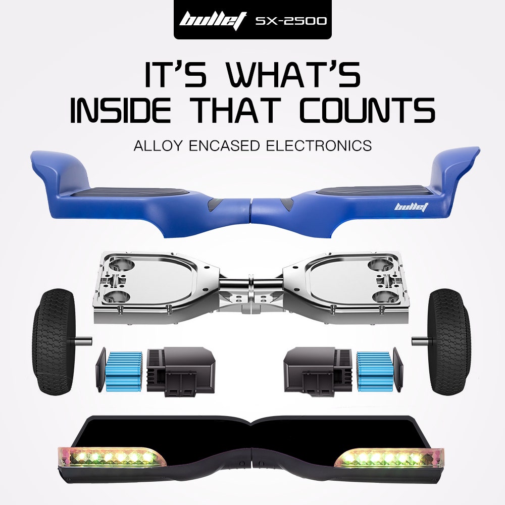 BULLET SX-2500 Hoverboard Scooter, 500W Brushless, UL Certified, AU Compliant, 6.5-inch Off-Road Style Tyres, Superior Self Balancing System, LED Lights, Blue