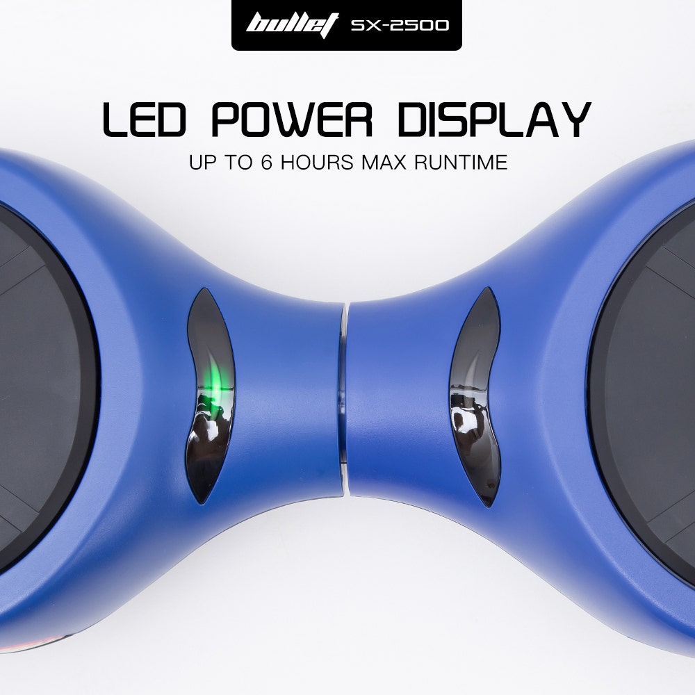 BULLET SX-2500 Hoverboard Scooter, 500W Brushless, UL Certified, AU Compliant, 6.5-inch Off-Road Style Tyres, Superior Self Balancing System, LED Lights, Blue