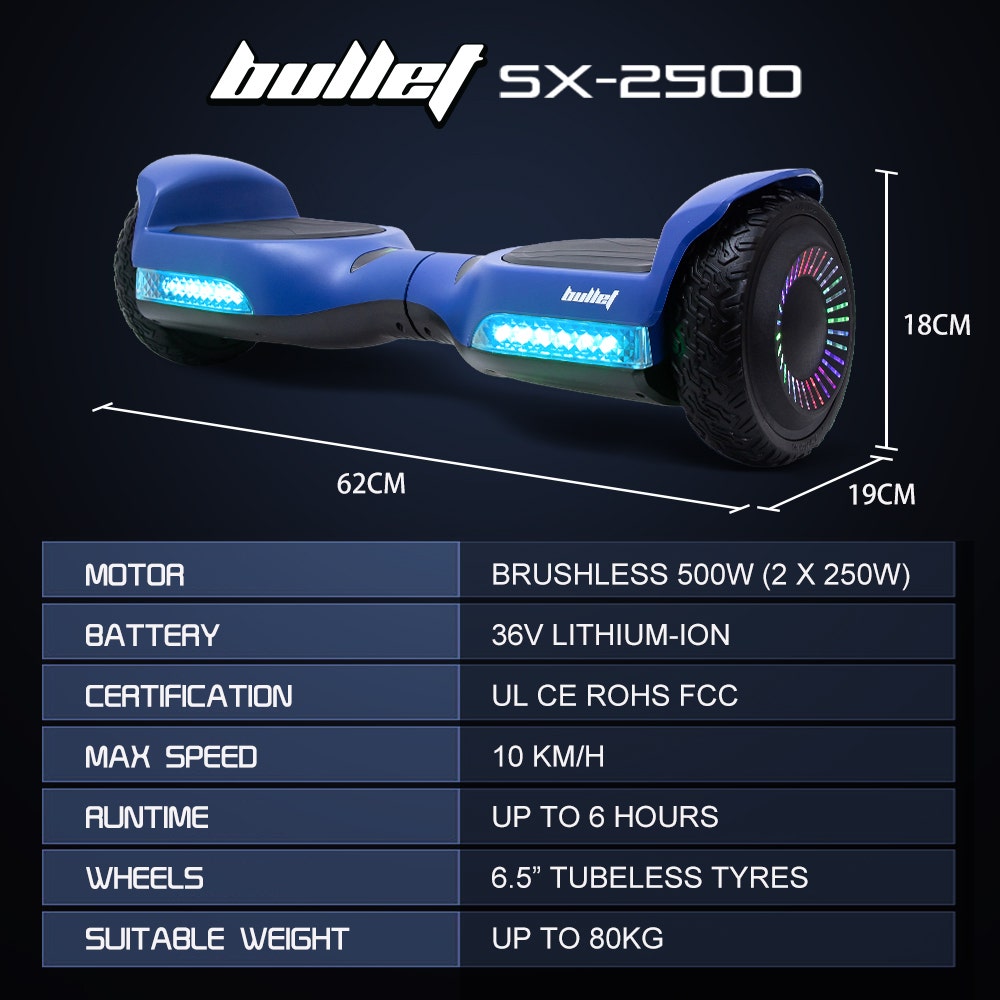 BULLET SX-2500 Hoverboard Scooter, 500W Brushless, UL Certified, AU Compliant, 6.5-inch Off-Road Style Tyres, Superior Self Balancing System, LED Lights, Blue