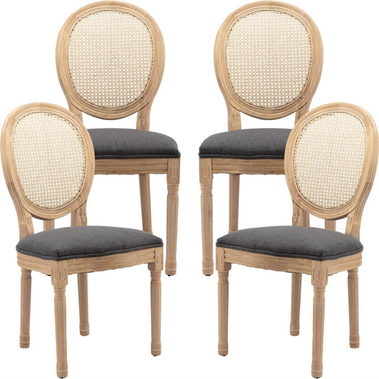 AADEN 4x Rattan Dining Chairs with Solid Wood Legs- Grey