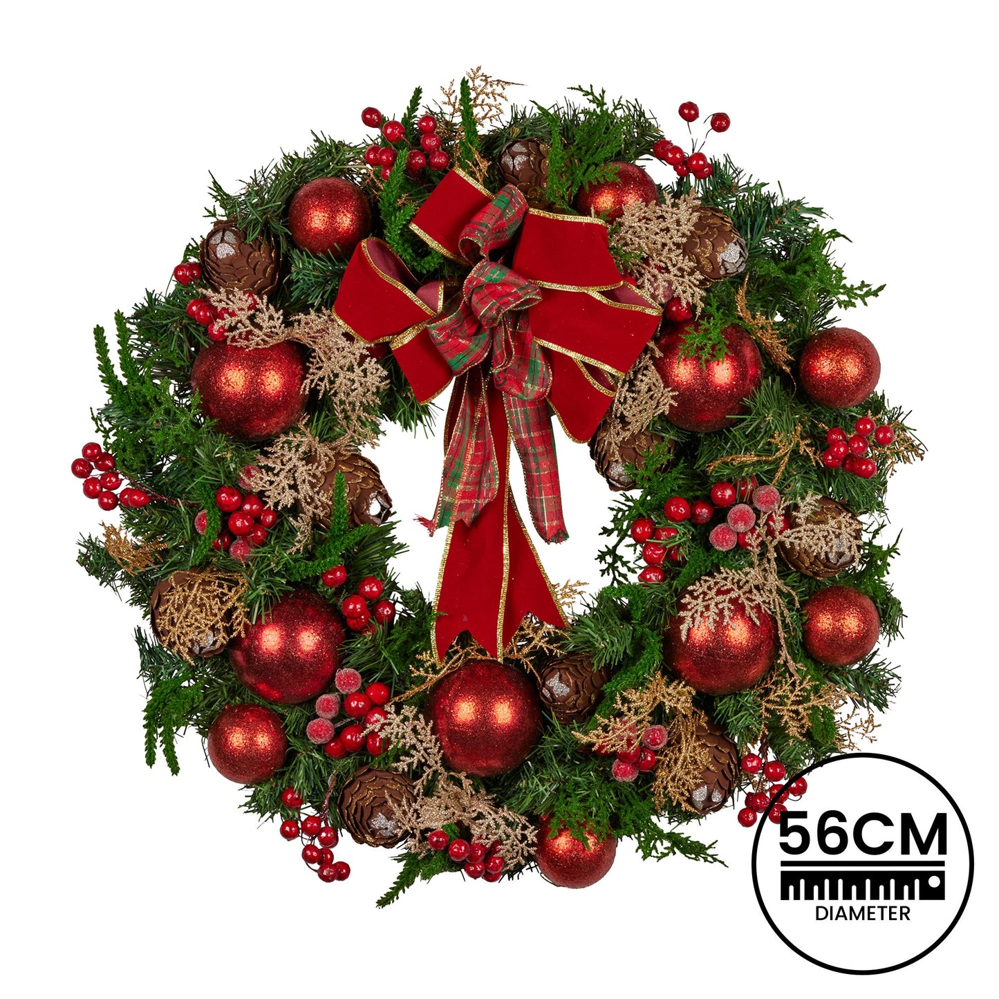 Christabelle 56cm Christmas Wreath Lush Green Holiday Door Wreath with Red Berries, Baubles & Pine Cones Pre-Decorated Festive Wall or Front Door Decoration