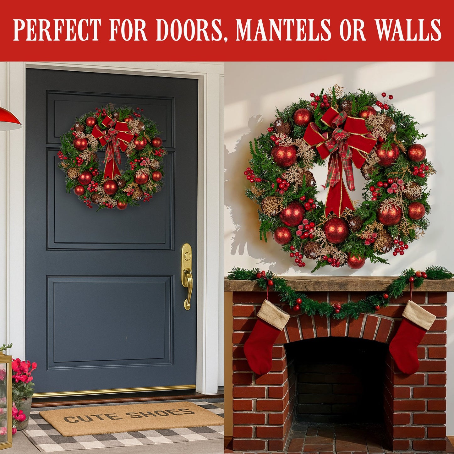 Christabelle 56cm Christmas Wreath Lush Green Holiday Door Wreath with Red Berries, Baubles & Pine Cones Pre-Decorated Festive Wall or Front Door Decoration