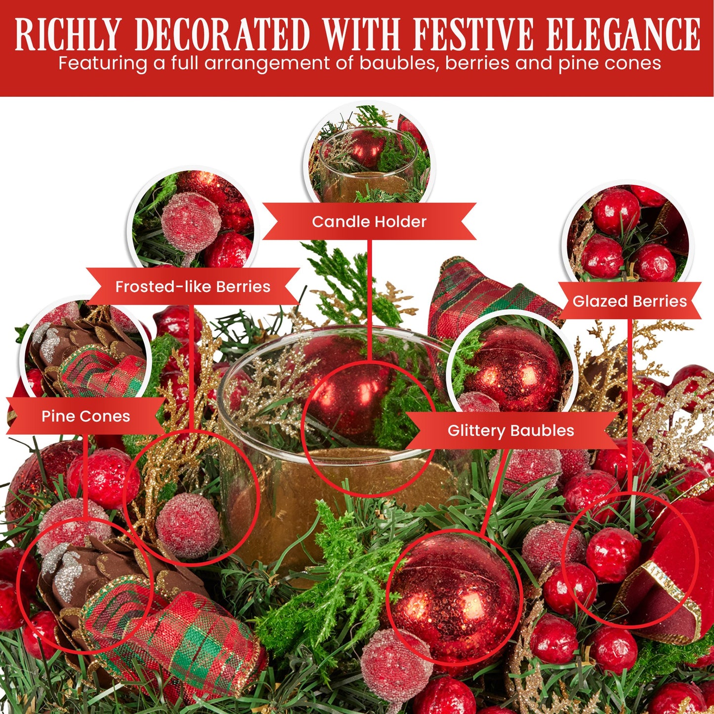 Christabelle 26cm Christmas Centrepiece Lush Green Holiday Display w/Red Berries & Hurricane Candle Holder Pre-decorated for Dining Table Console