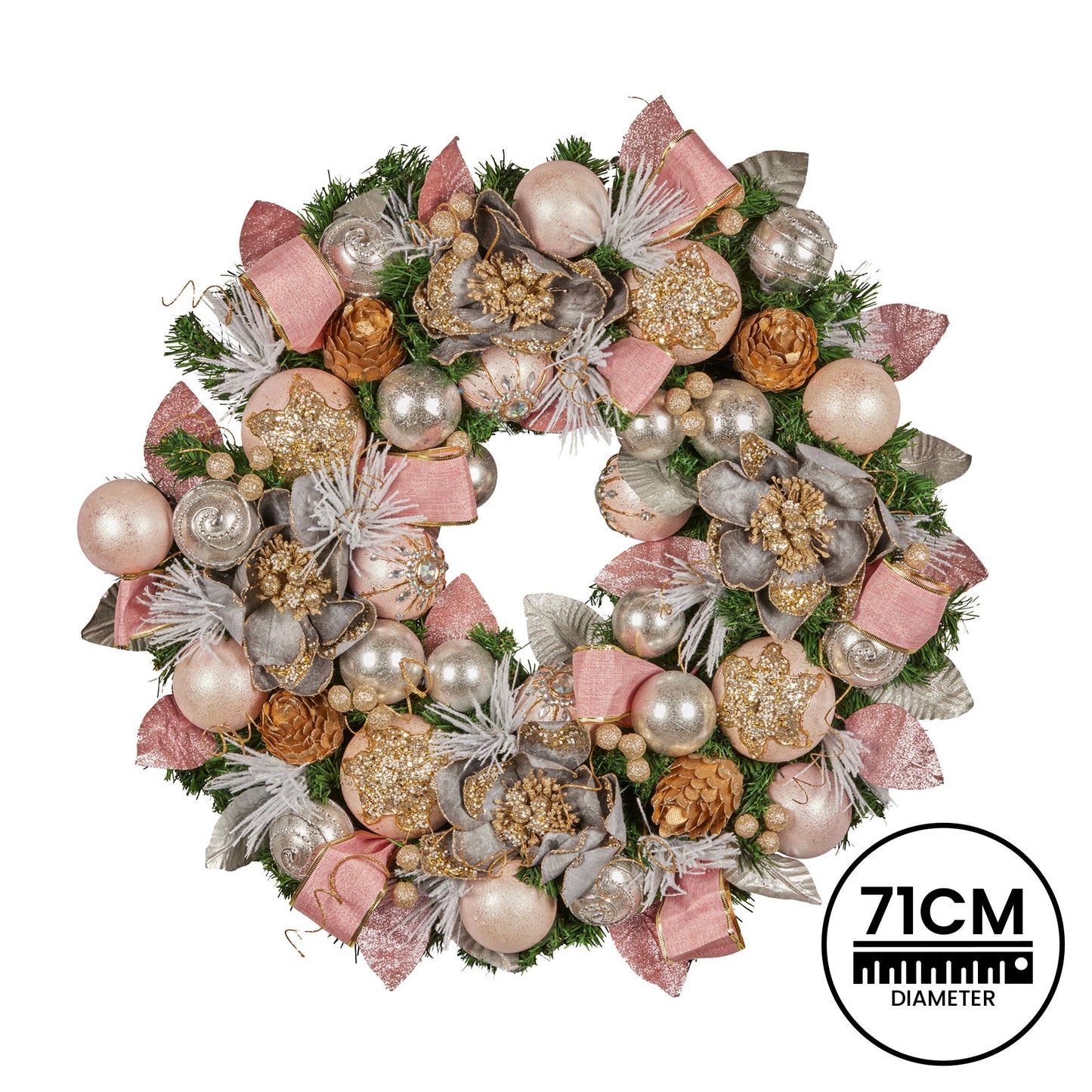 Christabelle 71cm Christmas Wreath Lush Pink Front Door Decoration Jewelled Baubles Flowers Pine Cones Ribbons Ornaments