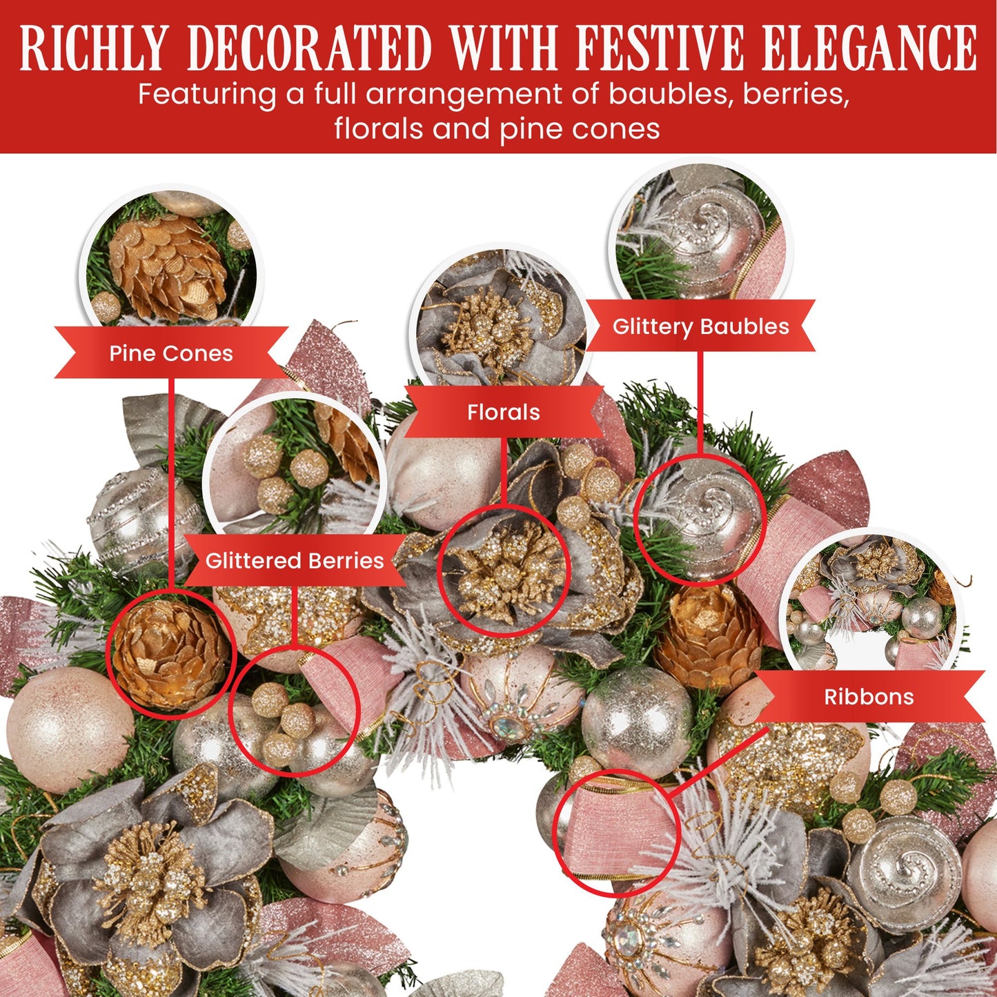 Christabelle 71cm Christmas Wreath Lush Pink Front Door Decoration Jewelled Baubles Flowers Pine Cones Ribbons Ornaments