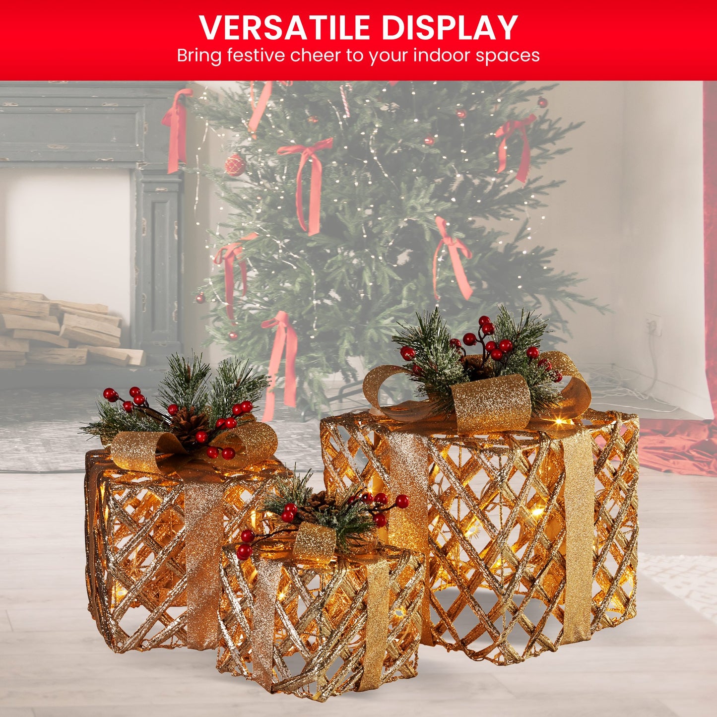Christabelle Set of 3 Christmas Gift Boxes Display With Lights in Champagne and Gold