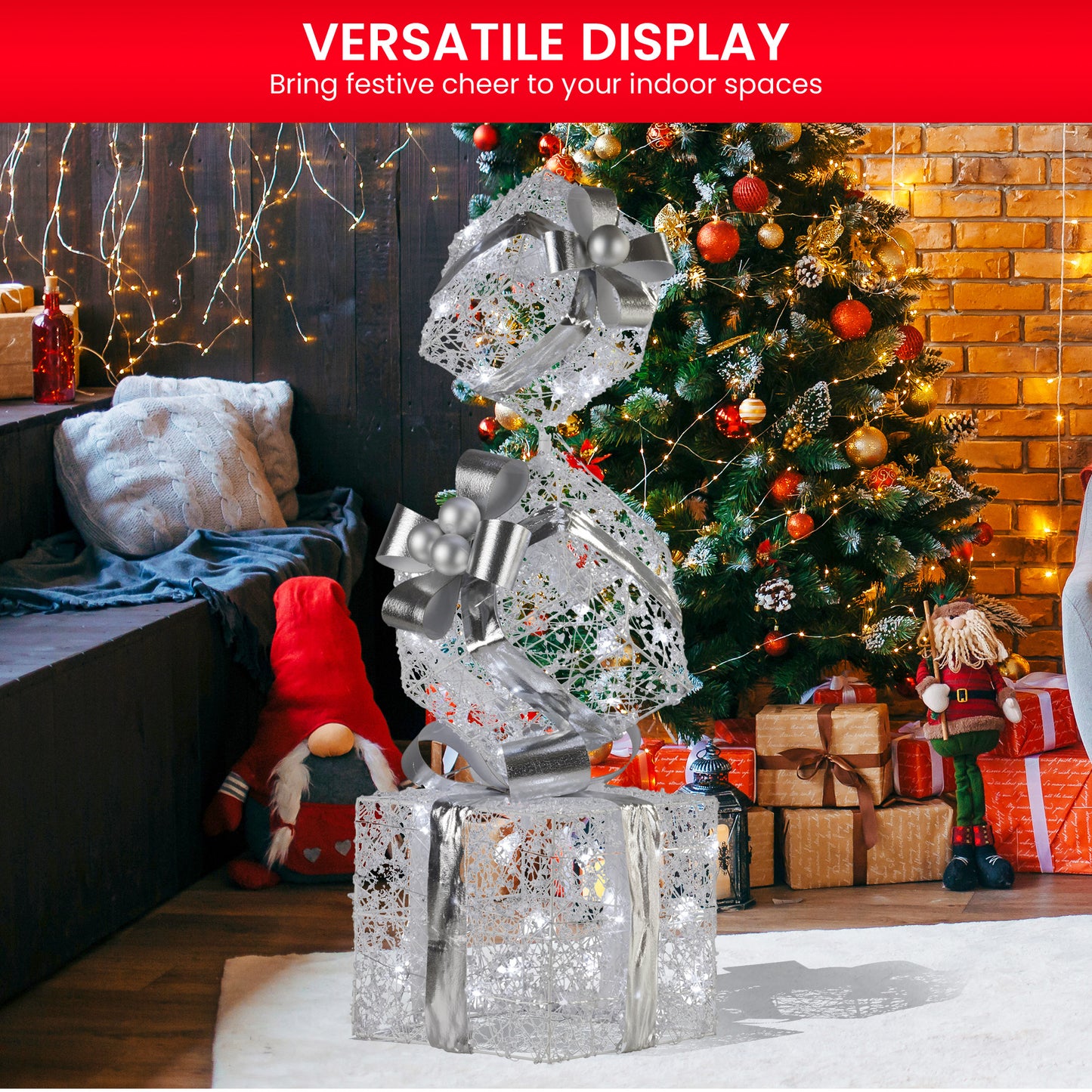Christabelle 83cm Triple Christmas Silver Giftbox Stack Display with Lights