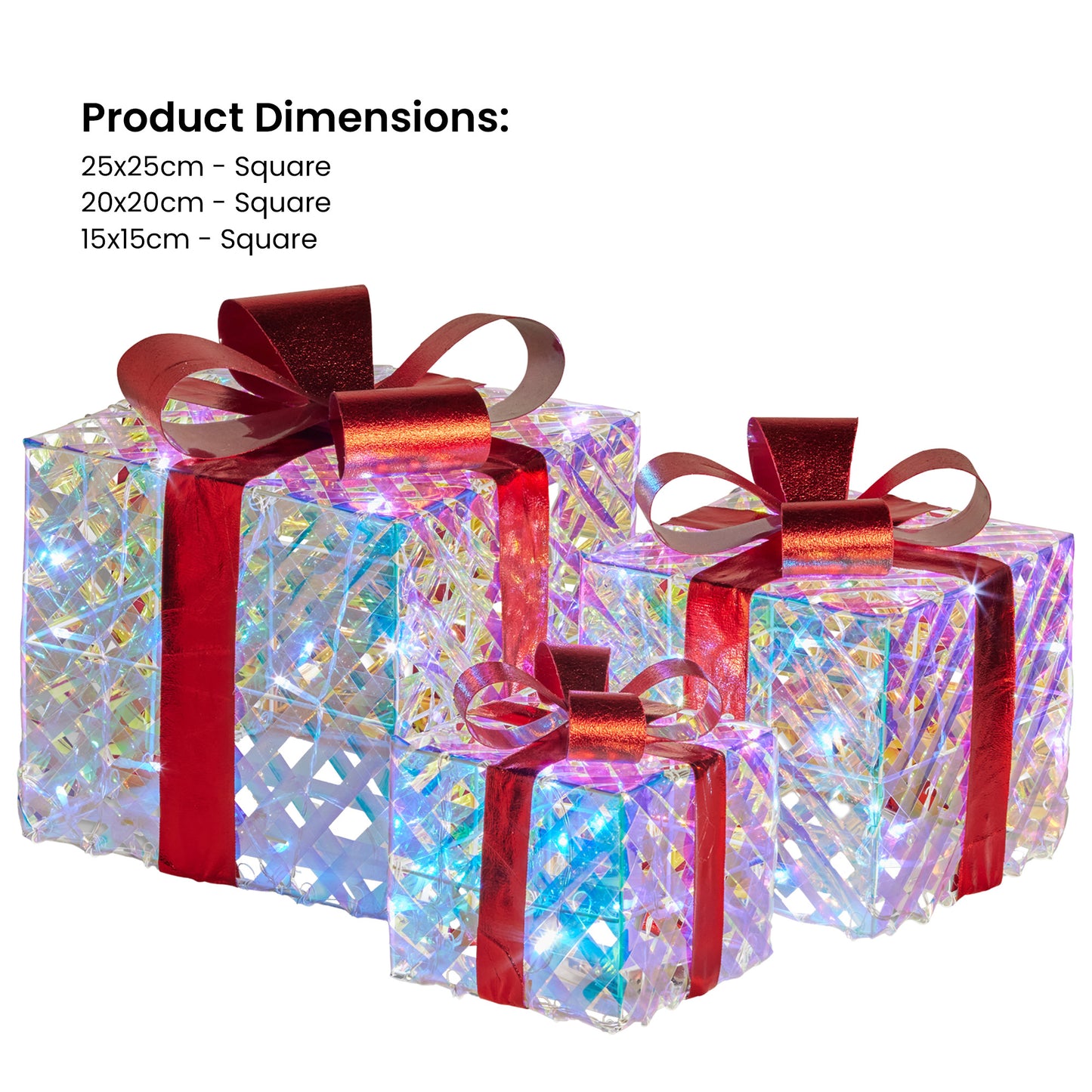 Christabelle Set of 3 Christmas Gift Boxes With Lights - Clear Shimmer With Red Bows