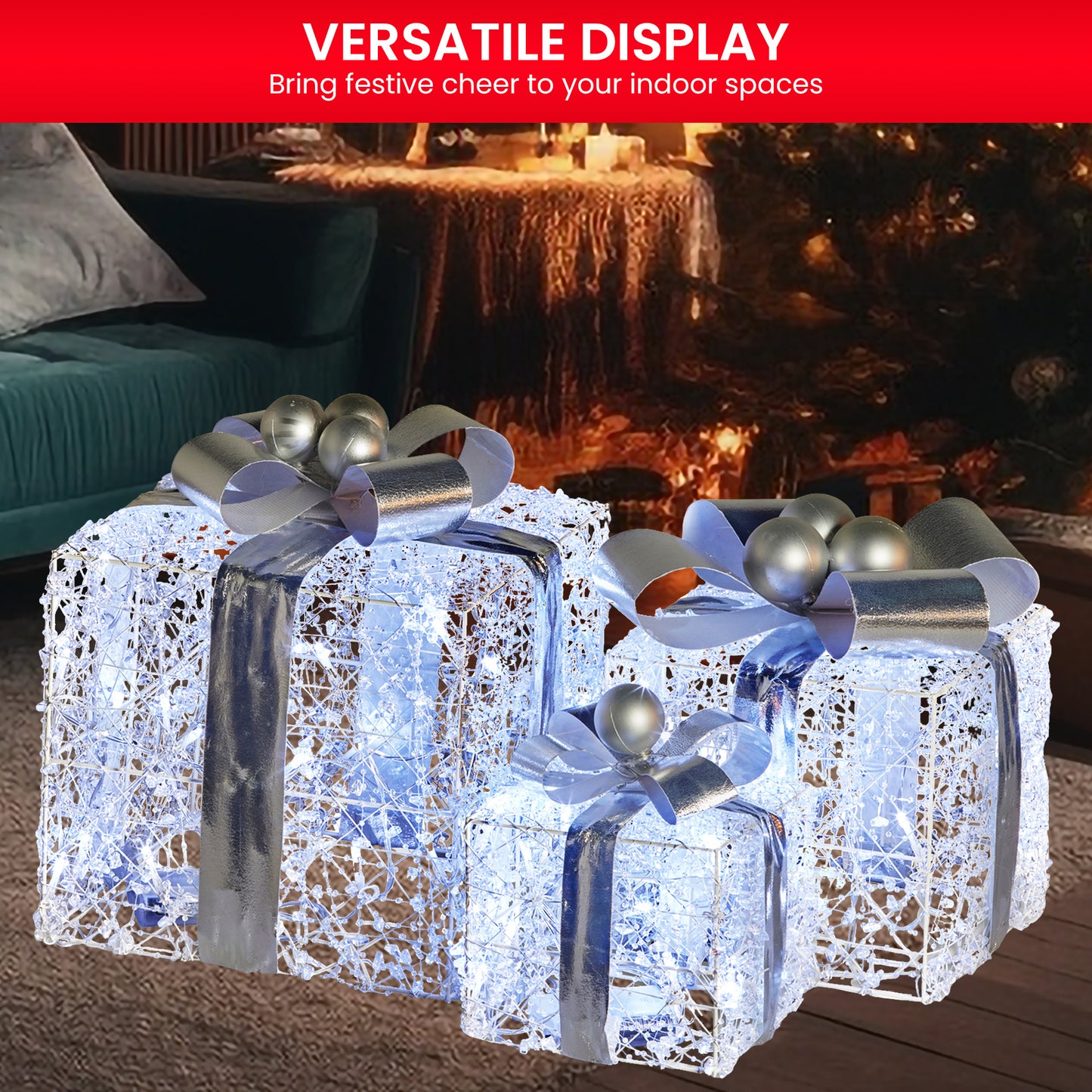 Christabelle Swishmas Set Of 3 Christmas Gift Boxes With Lights With Jewelled Wire And Silver Bows
