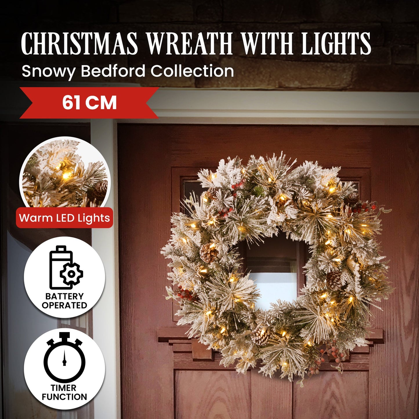 Christabelle 61cm Snowy Christmas Wreath Bedford with LED Lights Front Door Decoration Ornament
