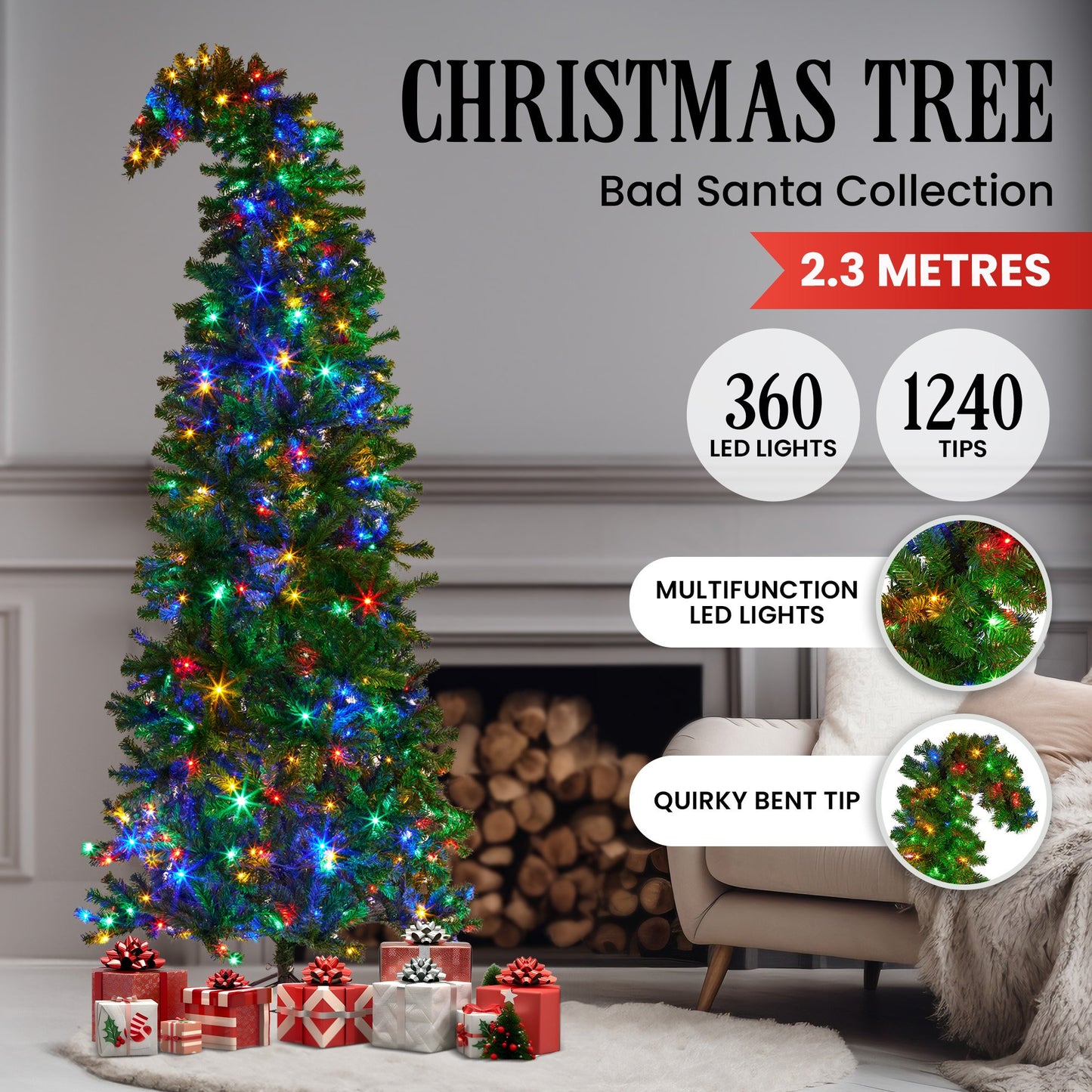 Christabelle Bad Santa 2.3m Curved Multicolour Pre-Lit Christmas Tree with 1240 Tips