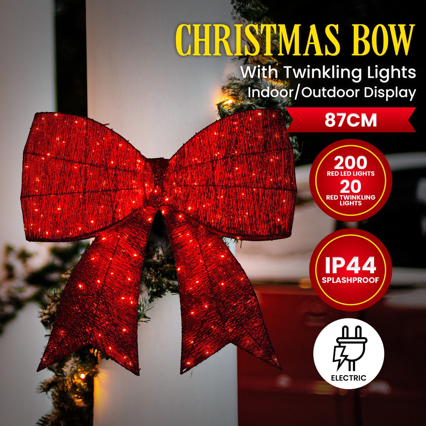 Christabelle Christmas Display Bow 91cm with LED and Twinkle Lights 5 Functions Christmas Festive Decorations Display Big Wired Bow