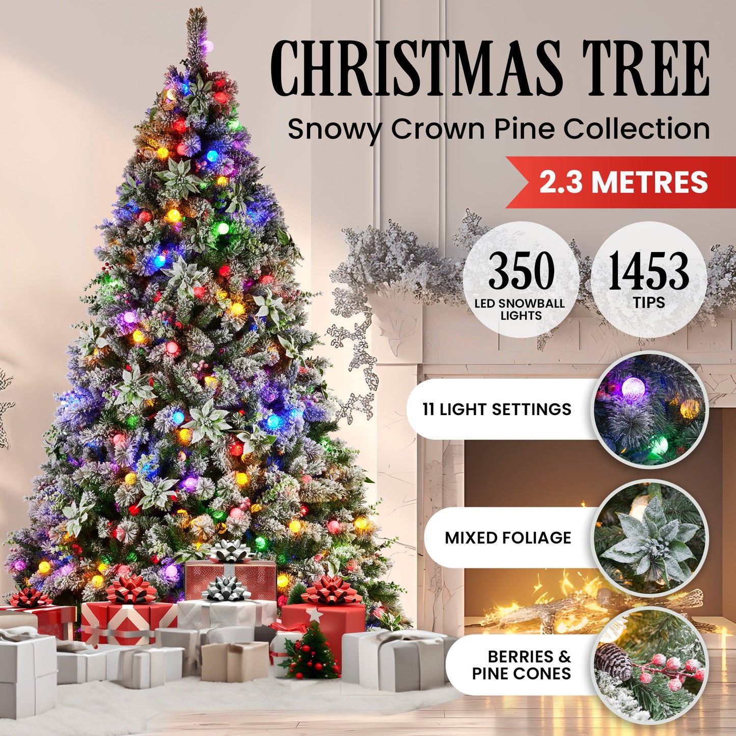 Christabelle Snowy Crown Pine 2.3m Multicolour Pre-Lit Christmas Tree with 1453 Tips
