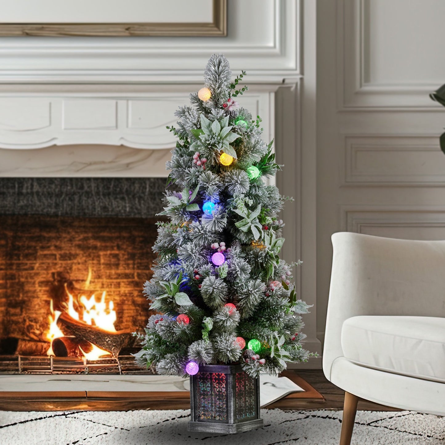Christabelle Snowy Crown Pine Potted Christmas Tree 1.2m Multicolour Pre-Lit with Snowball Lights