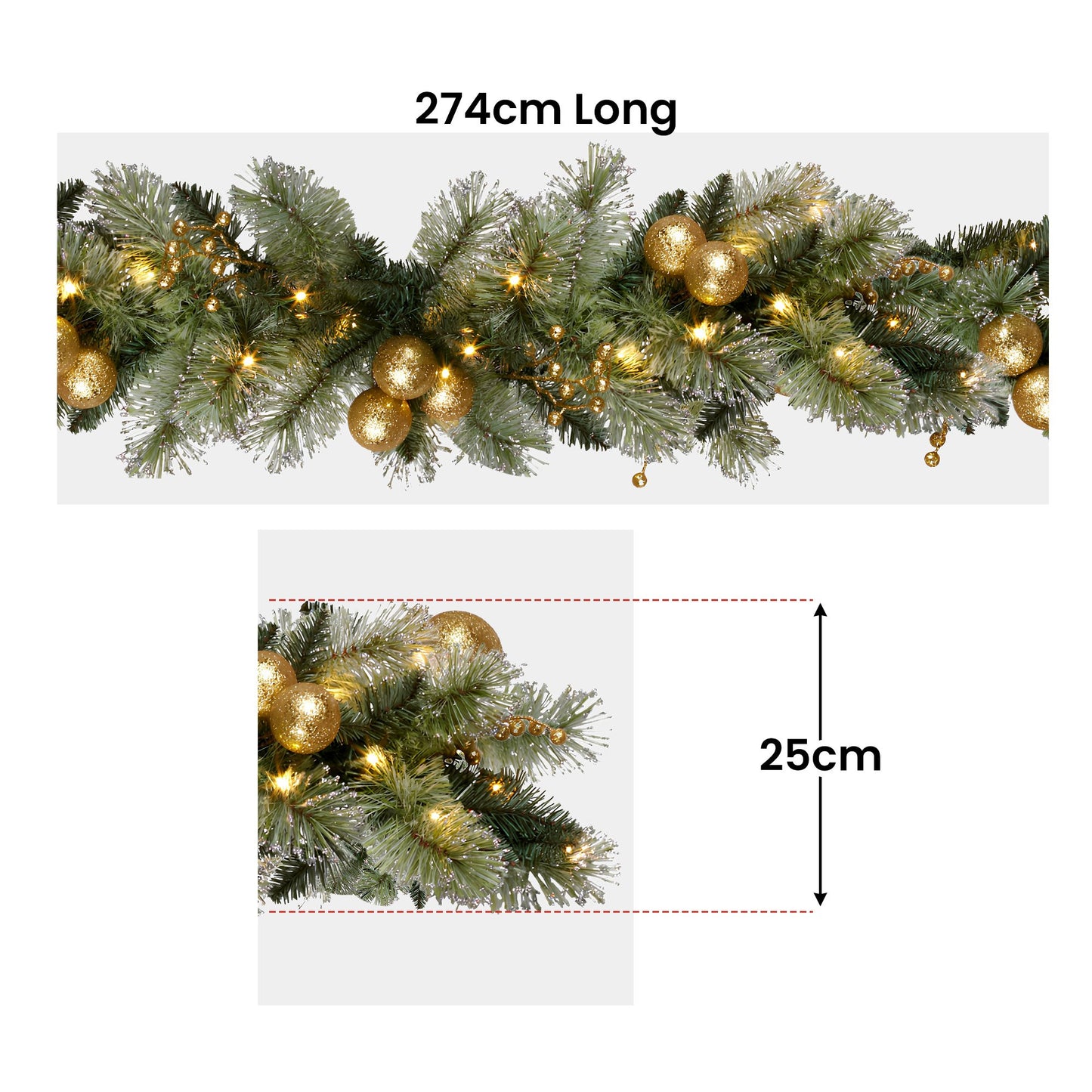 Christabelle 2.7m Christmas Garland with Gold Baubles and LED Lights Mantle Decoration Ornament