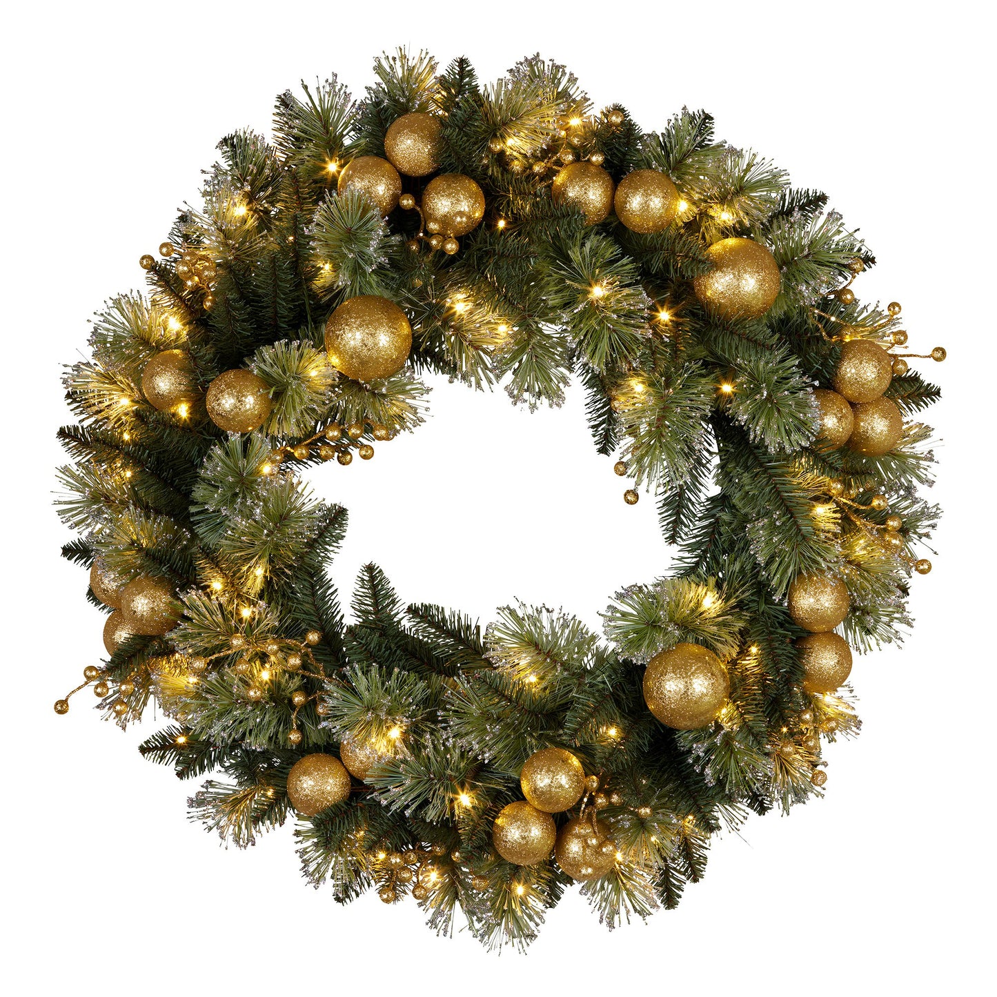 Christabelle 61cm Christmas Wreath Glittery Tipped with LED Lights and Golden Baubles Front Door Decoration Ornament