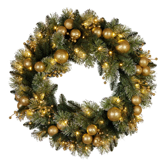 Christabelle 61cm Christmas Wreath Glittery Tipped with LED Lights and Golden Baubles Front Door Decoration Ornament