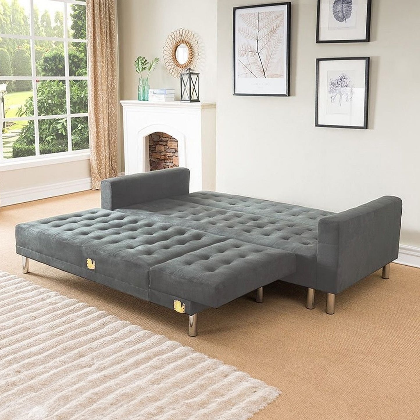 Sarantino Faux Velvet Corner Wooden Sofa Bed Couch with Chaise - Grey