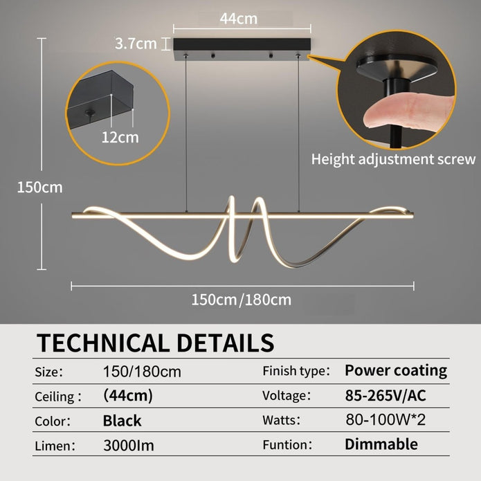 BAMDECOR A202 Modern LED Linear Pendant Lights with Dimmable LED  (160cm/180cm-Black) 1.5 Meters