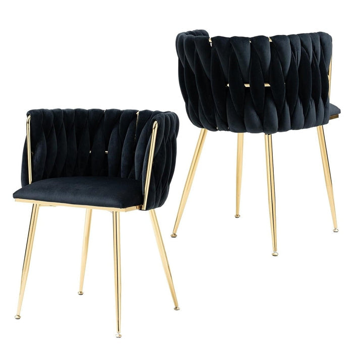 SERENITà Black Modern Hand Weaving Dining Chairs,Velvet Upholstered Side Chairs with Gold Legs, Chic Vanity Chairs with Armrest, Accent Chair for Dining Room, and Cafe Set of 2