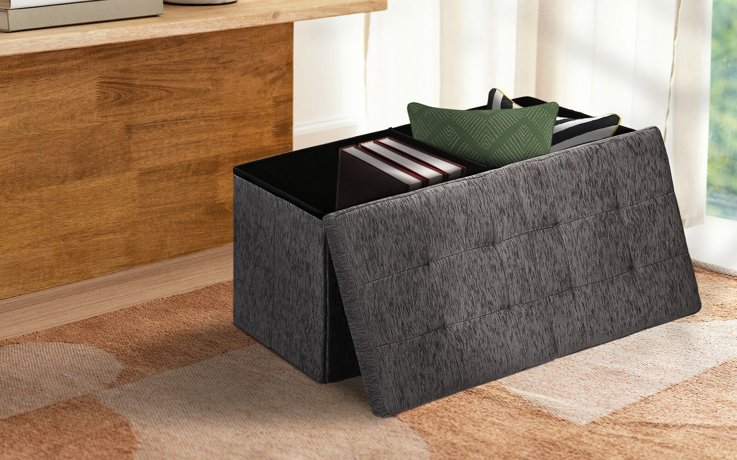 Foldable Storage Ottoman - Flip Lid Side Table Toy Blanket Organiser Seat KIRA BLACK