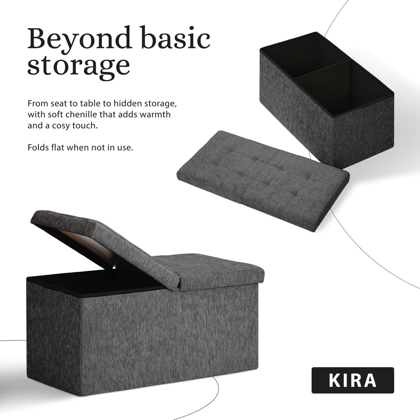 Foldable Storage Ottoman - Flip Lid Side Table Toy Blanket Organiser Seat KIRA BLACK