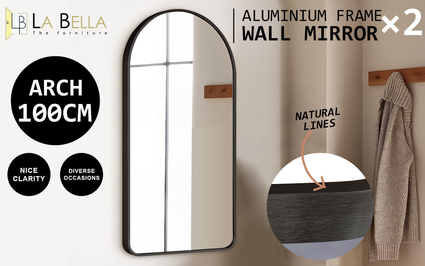 2 Set Wall Arch Mirror Arc Aluminum Frame Bathroom 50x100cm BLACK