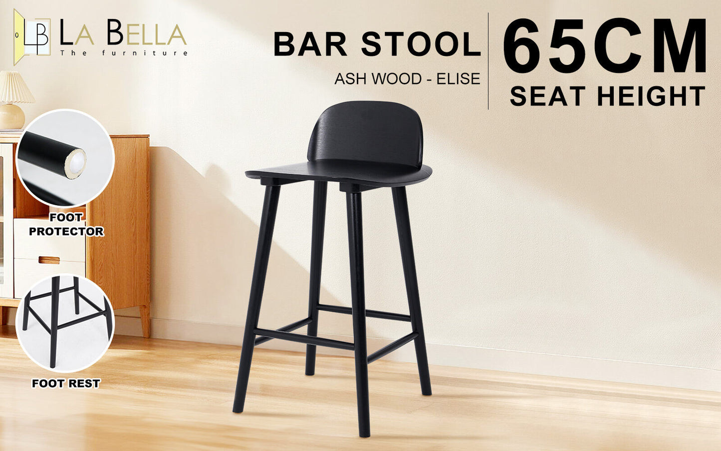 Wooden Bar Stool Dining Chair Ash Wood ELISE 65cm BLACK
