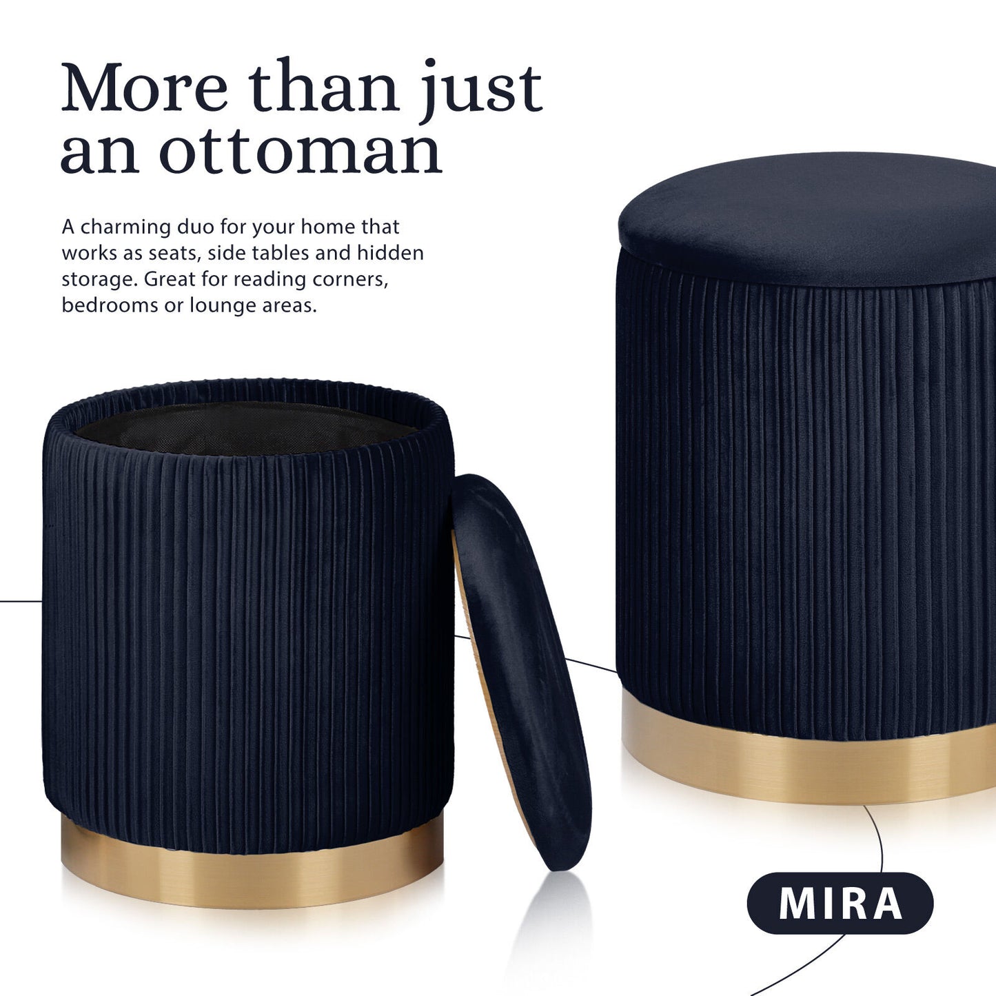2X Side Table Storage Ottoman - Velvet Stool MIRA Black