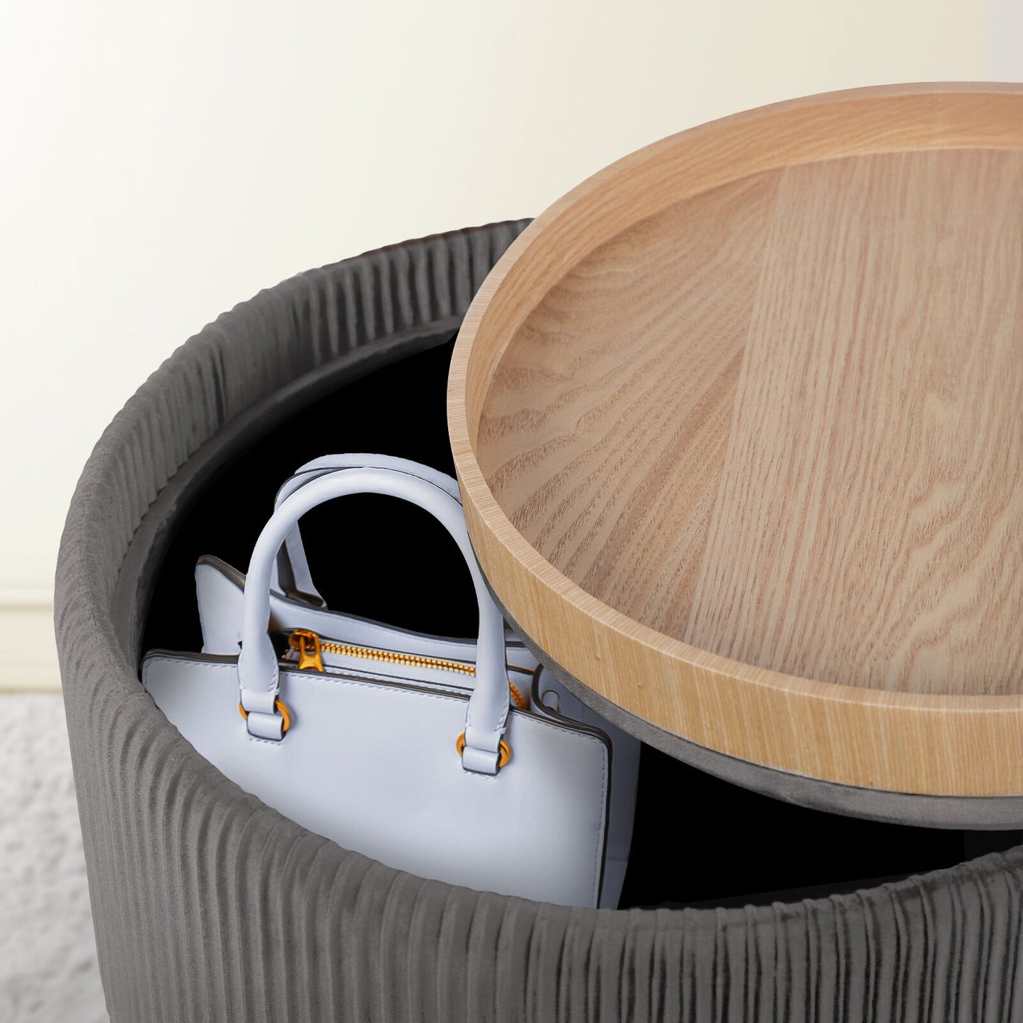 Side Table Storage Ottoman - Velvet Padded Stool Vanity Footstool CLEO GREY