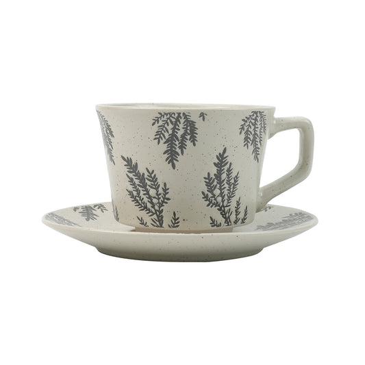 High-Fired Ceramic Stoneware Speckle Cup & Saucer Set 380ml Floral Tea Spoon EARTHY GREY