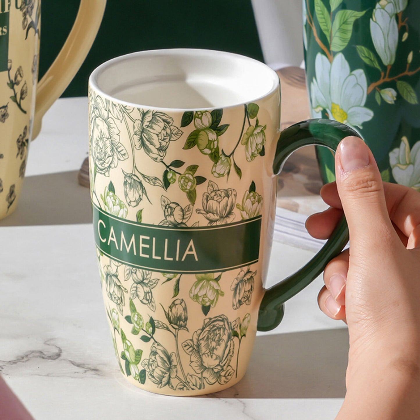 2X High-Fired Ceramic Porcelain Mug with Travel Lid 600ml Vintage Floral GREEN