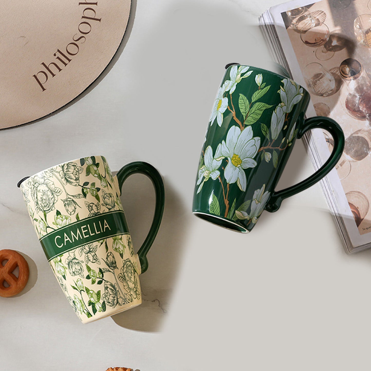 2X High-Fired Ceramic Porcelain Mug with Travel Lid 600ml Vintage Floral GREEN