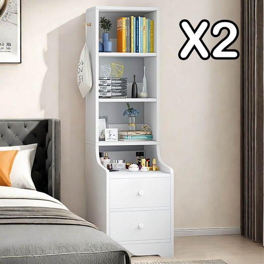 2x Bedside table pair with shelves drawers side hook modern design white