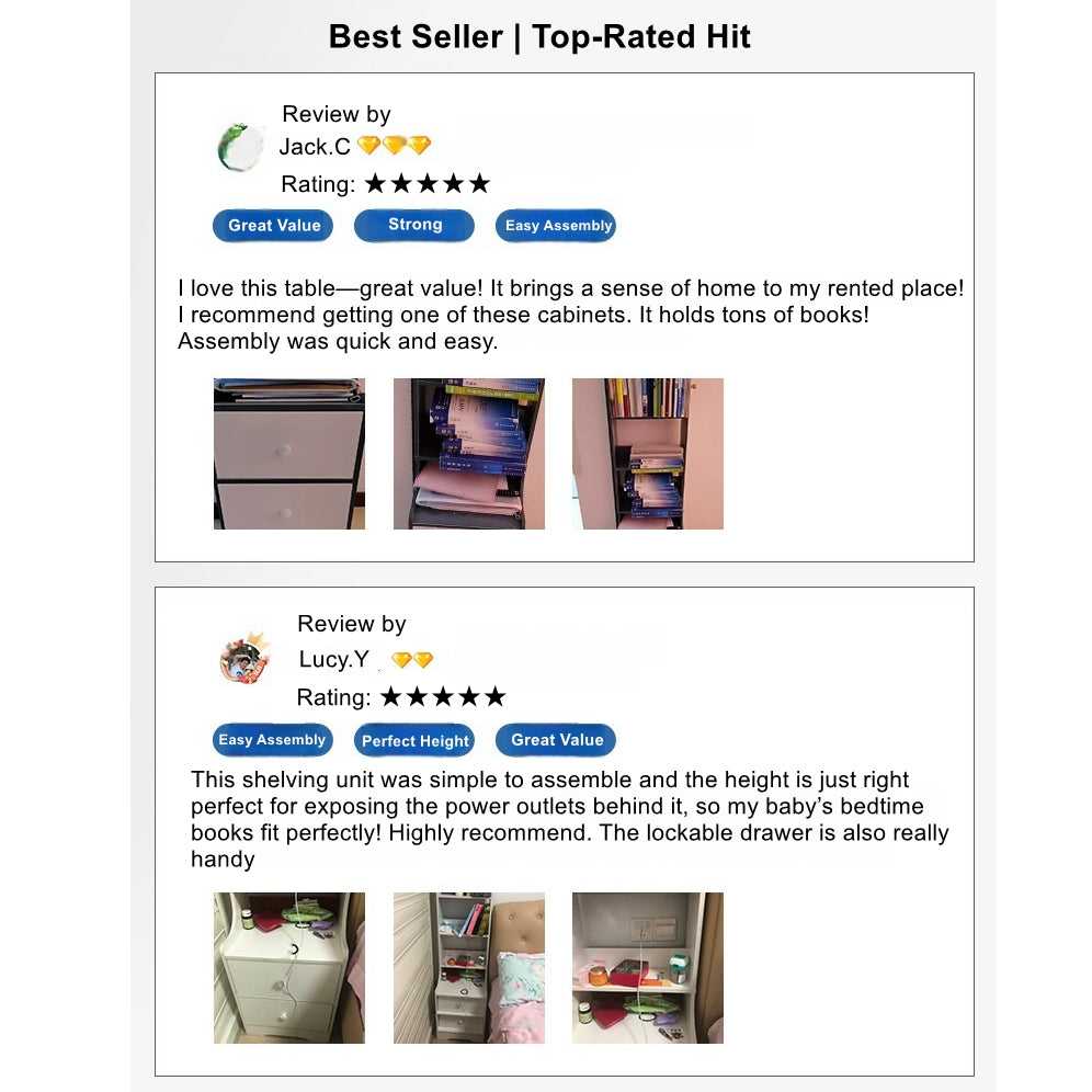 2x Bedside table pair with shelves drawers side hook modern design white