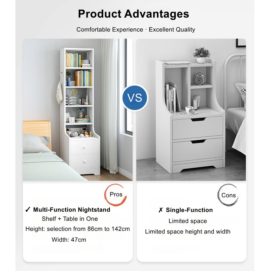 Minimalist Bedside Cabinet White Cosmetic Storage Dual Shelves Curved Design