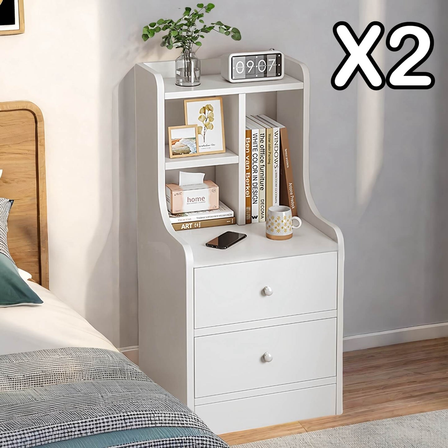 2x Bedside table pair white minimalist wooden drawers bedroom furniture