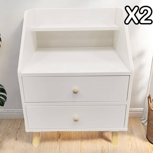2x Bedside table set modern design wooden legs white drawers furniture