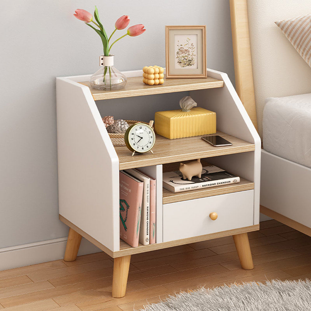 Compact Nightstand Wooden Legs Open Shelves Side Compartment White Wood Design