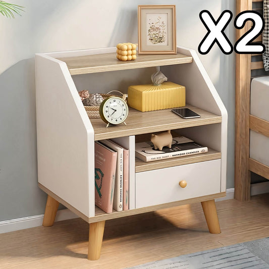 2x bedside table set wooden drawer natural white wood grain furniture