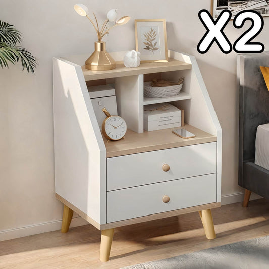 2x bedside table set wood grain drawers curved design bedroom furniture