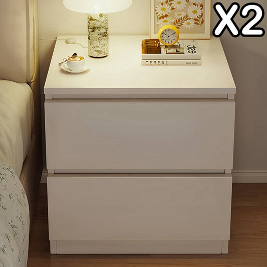 2x Bedside table set with drawers, minimalist design, warm white finish
