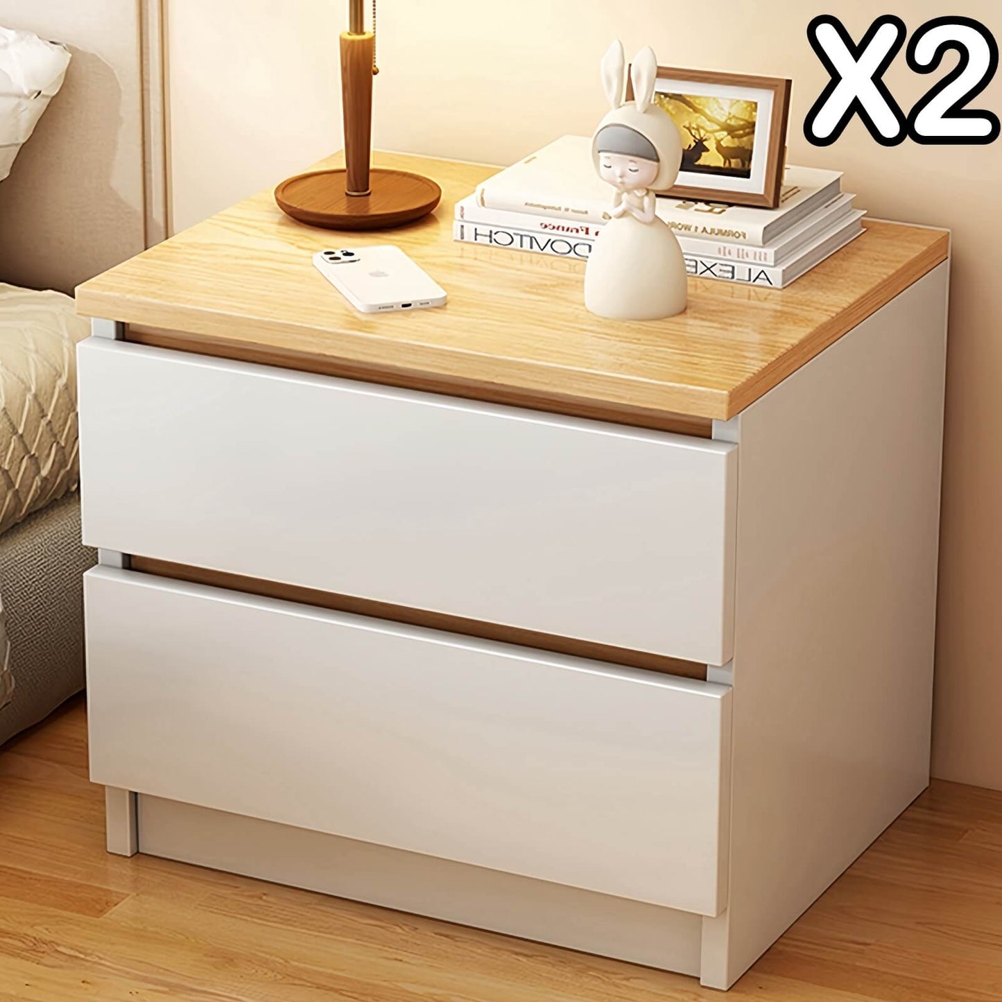 2x Bedside table pair oak wood grain drawers minimalist design furniture