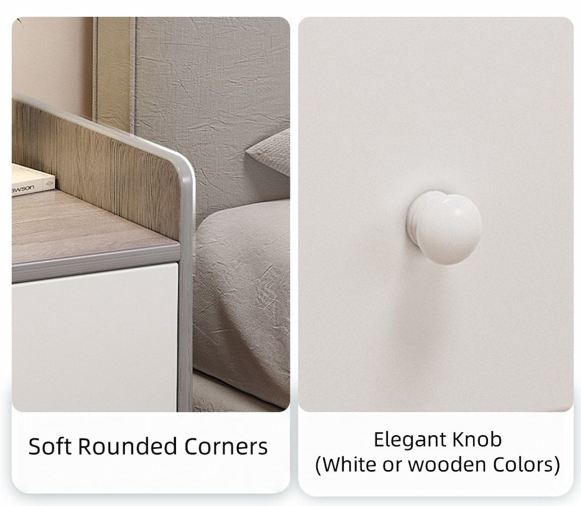 Classic Nightstand Walnut Wood Grain Double Drawer Tray Top White Handles