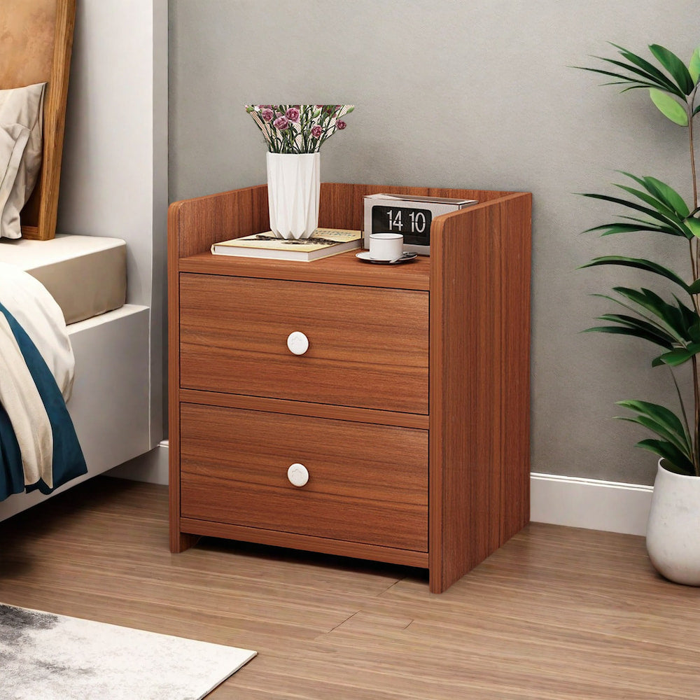 Classic Nightstand Walnut Wood Grain Double Drawer Tray Top White Handles