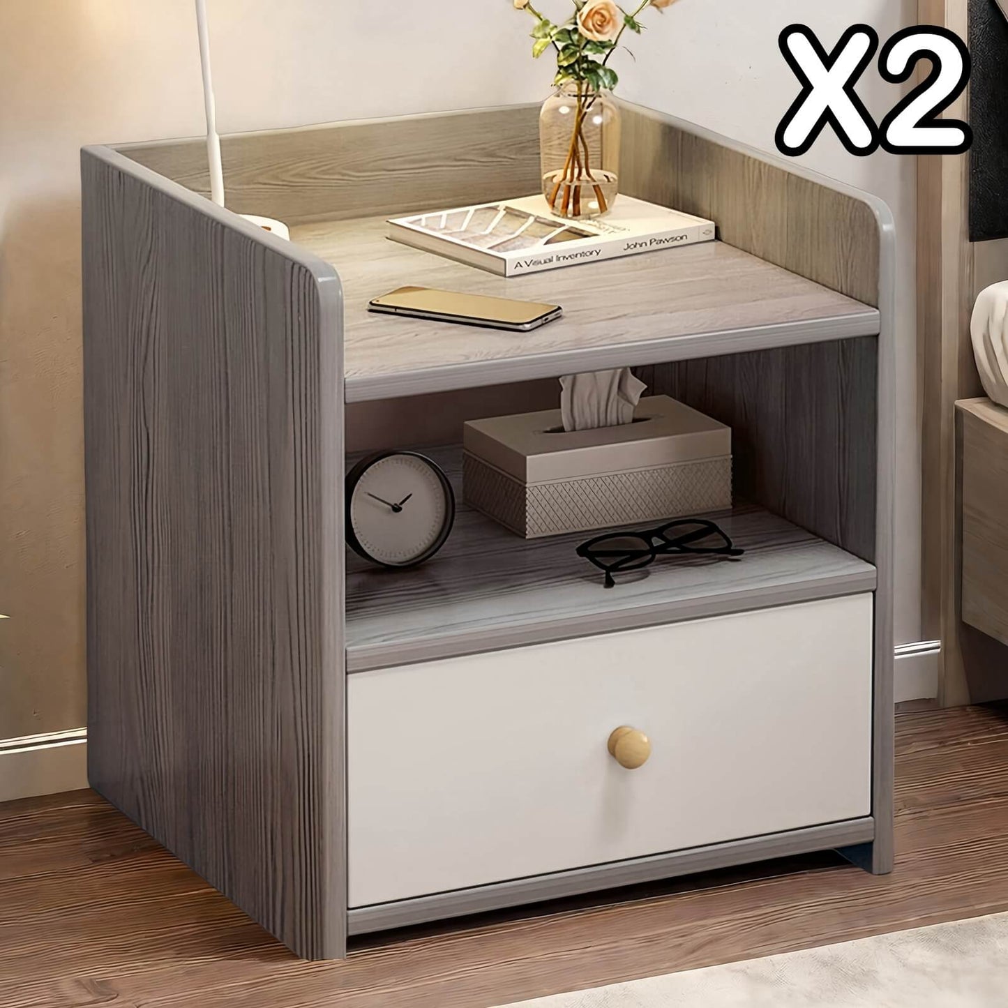 2x bedside table with drawer and shelf modern nightstand bedroom furniture